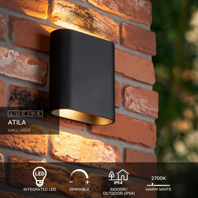 Lucide ATILA - Nástenné svietidlo vnútorné/vonkajšie - LED - 2x5W 2700K - IP54 - čierne